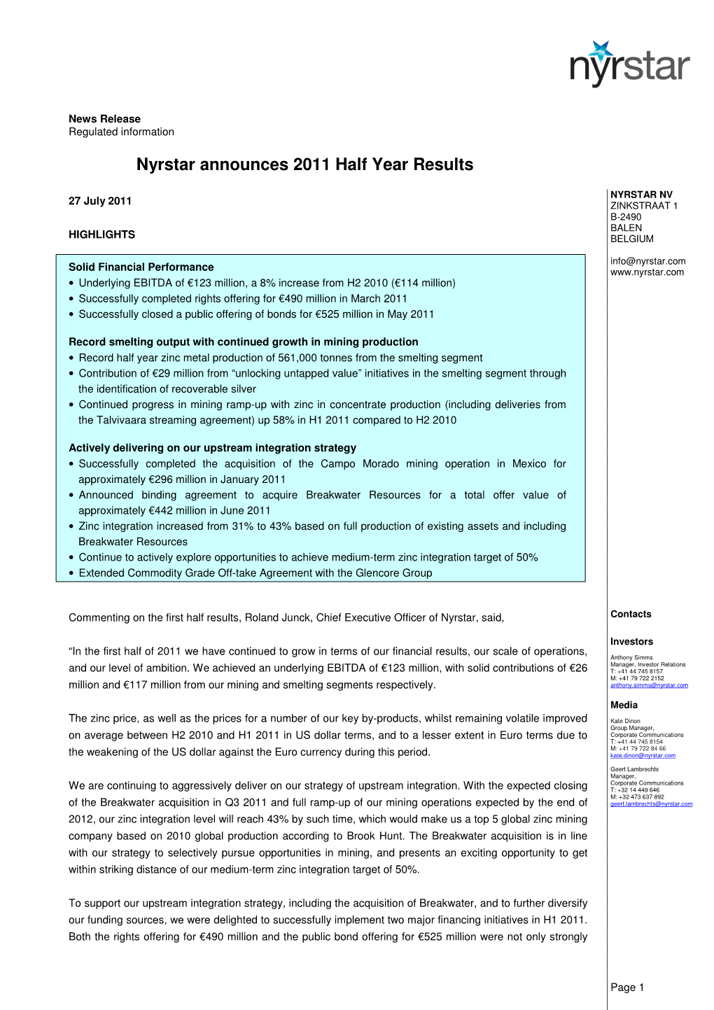 Nyrstar Announces 2011 Half Year Results