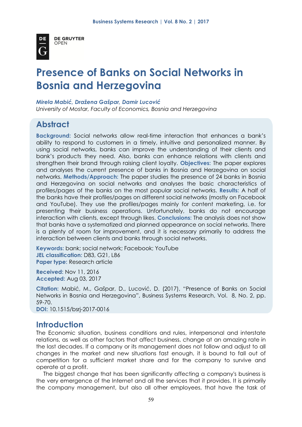 Presence of Banks on Social Networks in Bosnia and Herzegovina