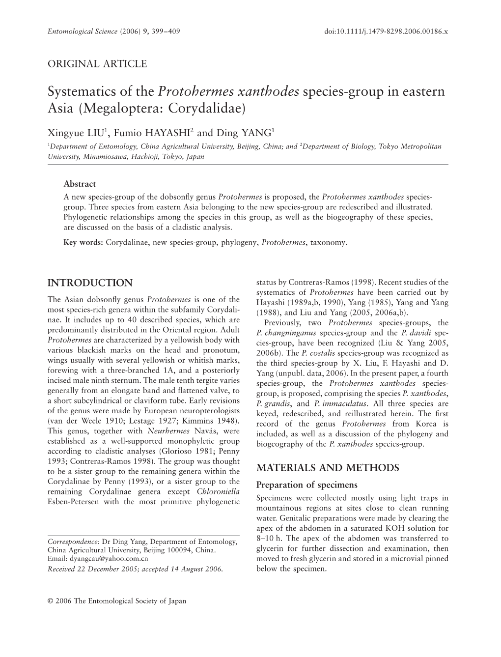 Systematics of the Protohermes Xanthodes Species-Group in Eastern Asia (Megaloptera: Corydalidae)