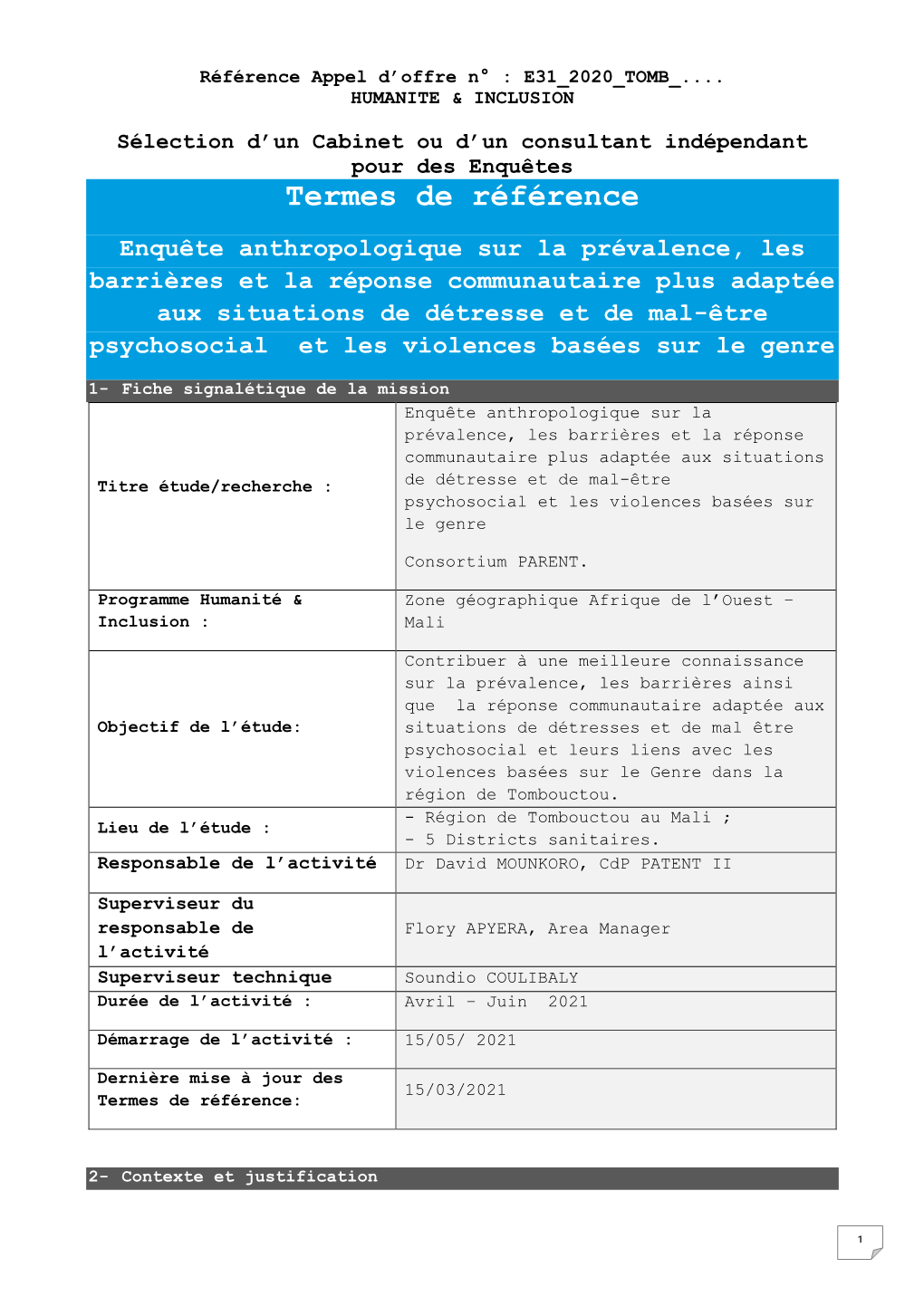 Termes De Référence Enquête Anthropologique Sur La Prévalence, Les Barrières Et La Réponse