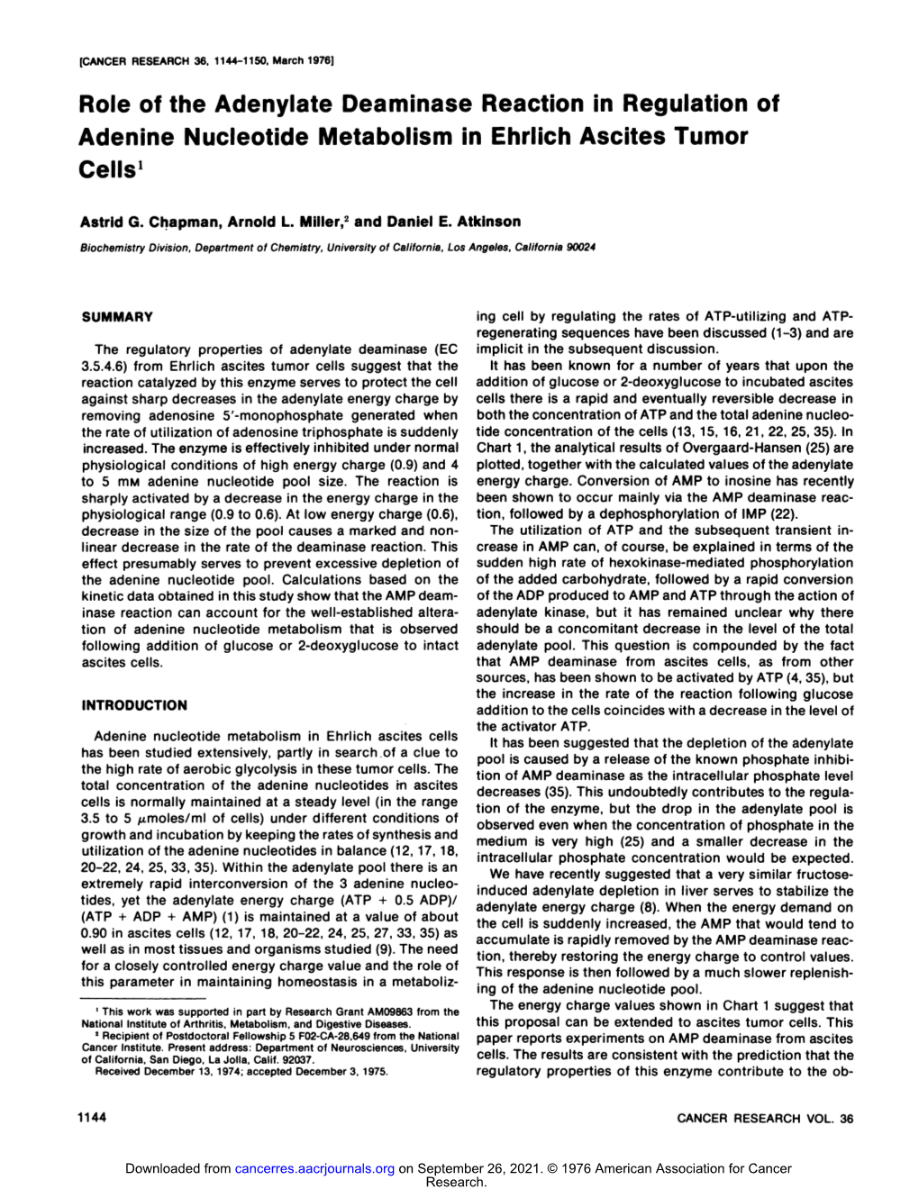 Role of the Adenylate Deaminase Reaction in Regulation of Adenine Nucleotide Metabolism in Ehrlich Ascites Tumor Cells1