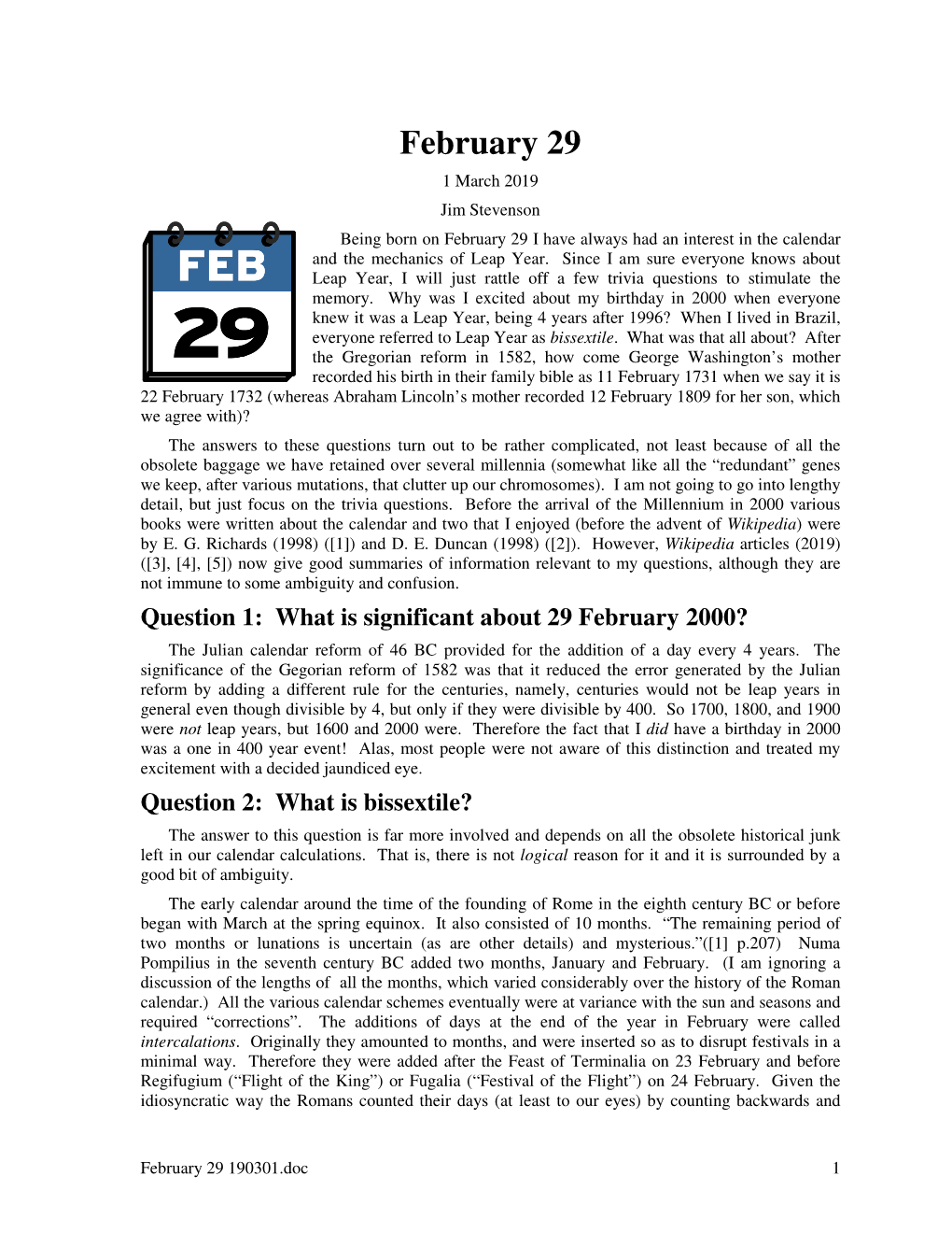 February 29 1 March 2019 Jim Stevenson Being Born on February 29 I Have Always Had an Interest in the Calendar and the Mechanics of Leap Year