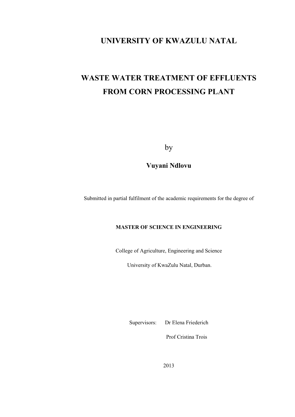 University of Kwazulu Natal Waste Water Treatment Of