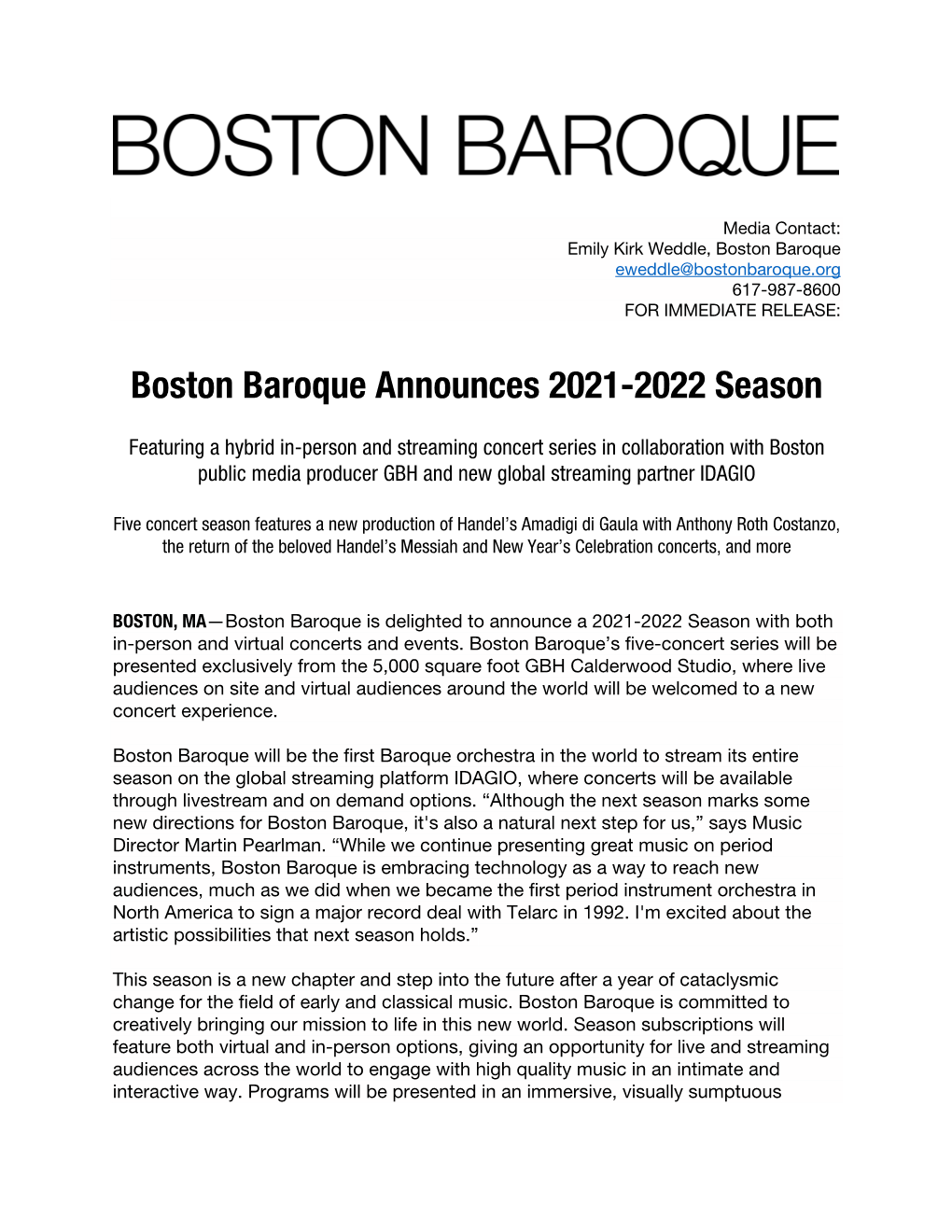 Boston Baroque Announces 2021-2022 Season