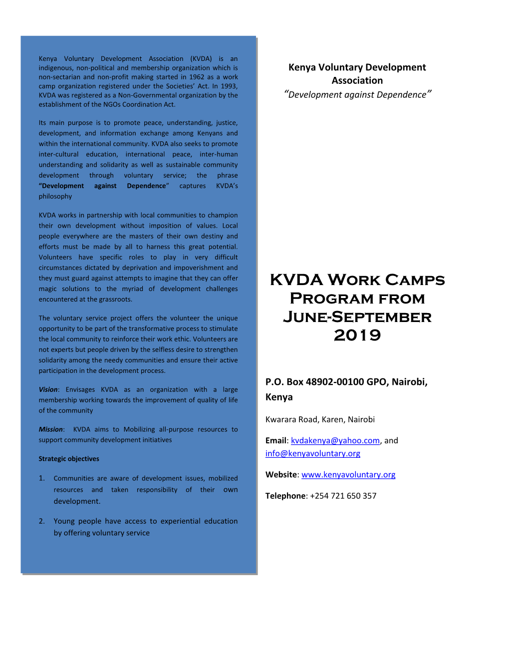 KVDA Work Camps Program from June-September 2019