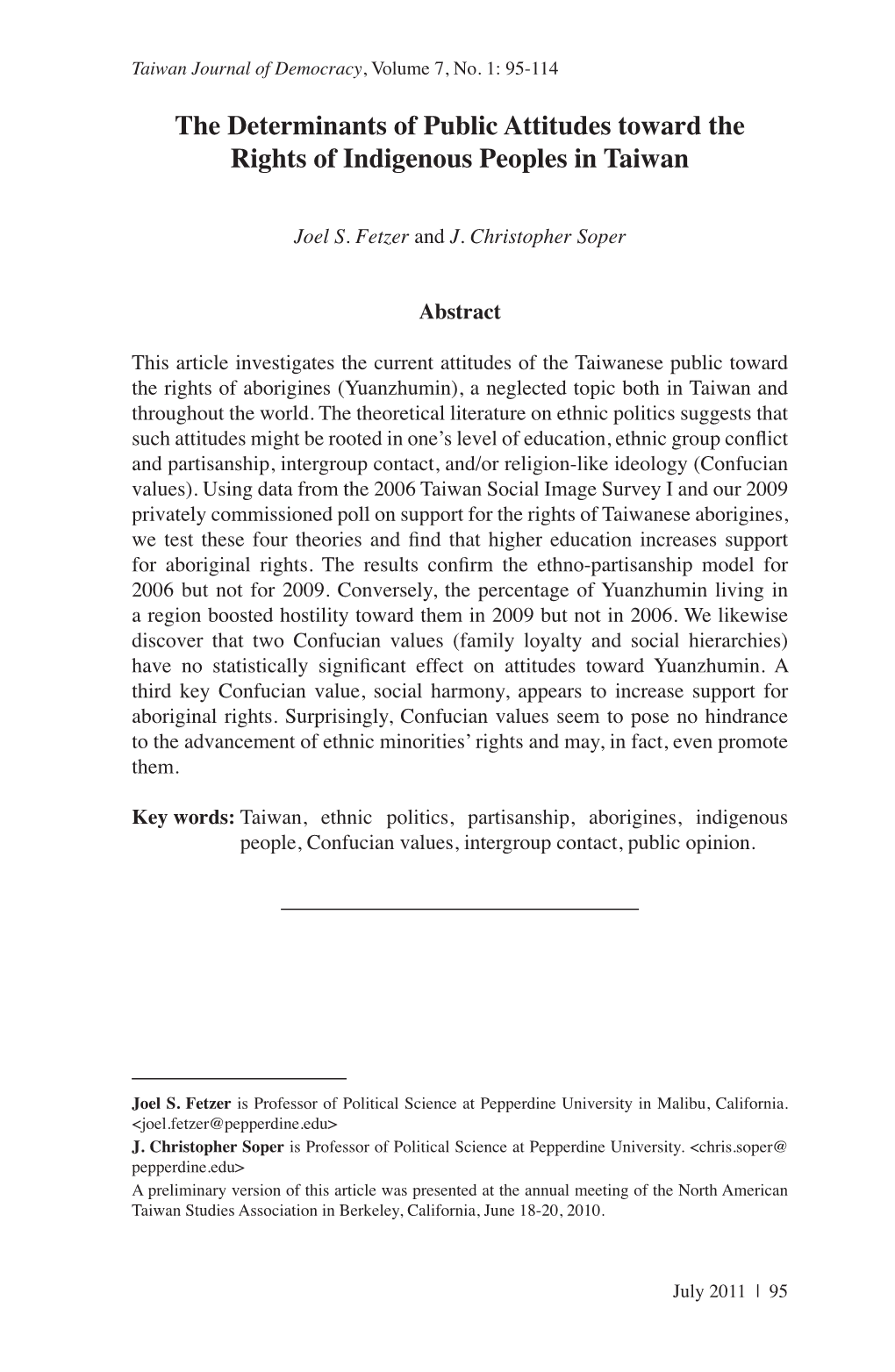 The Determinants of Public Attitudes Toward the Rights of Indigenous Peoples in Taiwan