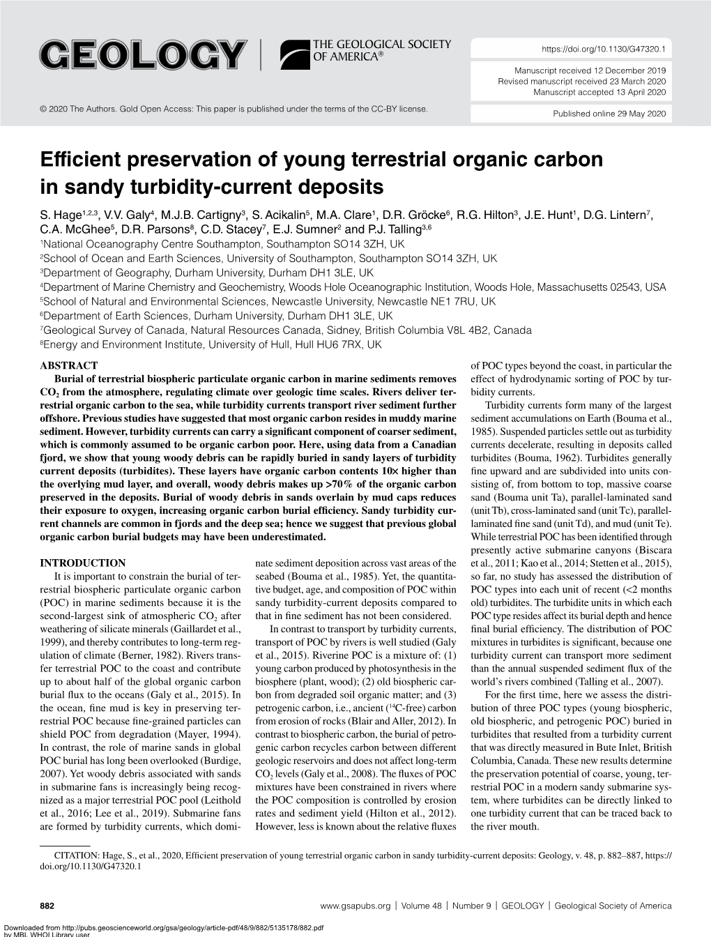 Efficient Preservation of Young Terrestrial Organic Carbon in Sandy Turbidity-Current Deposits S