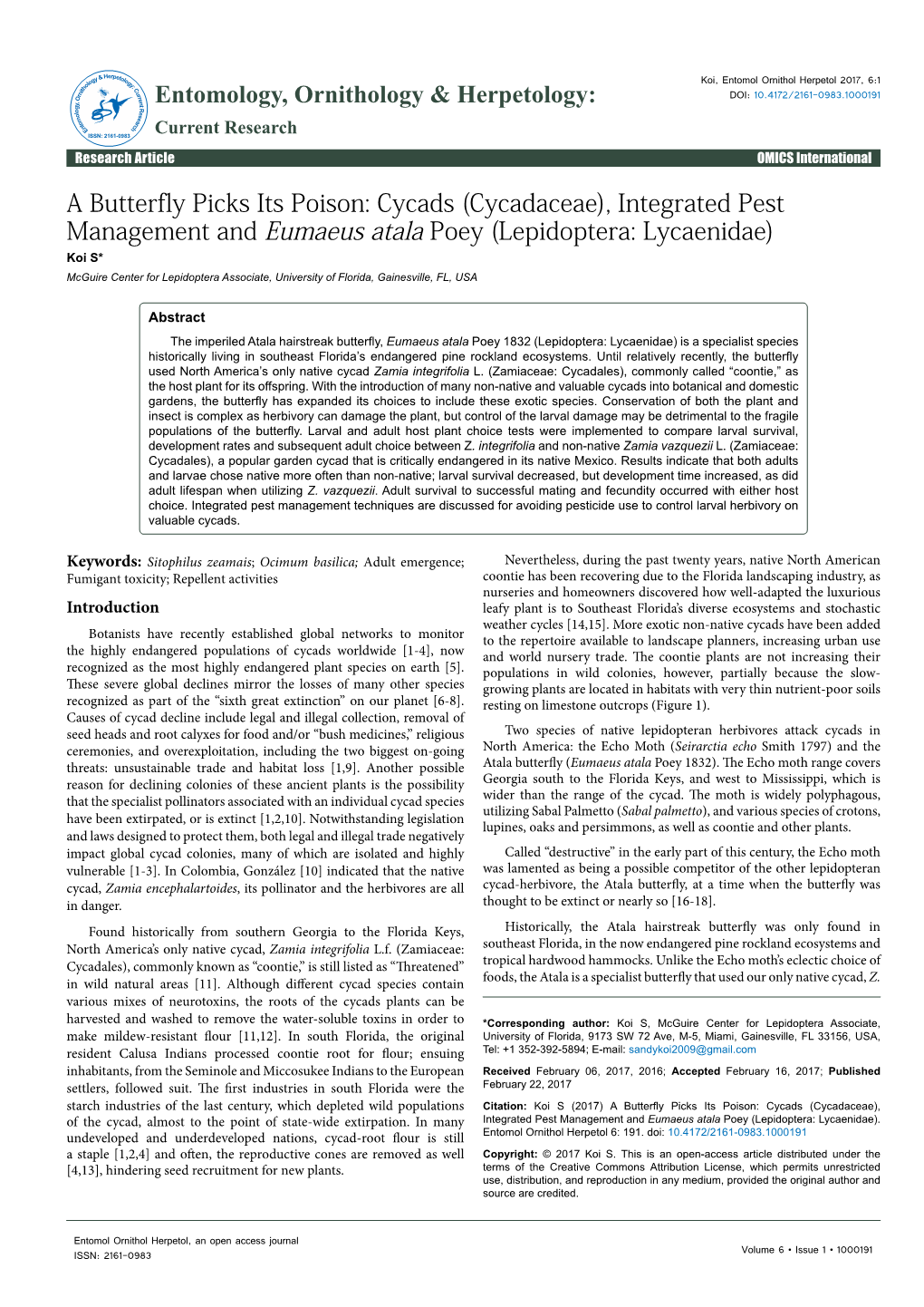 Cycads (Cycadaceae), Integrated Pest Management and Eumaeus Atala