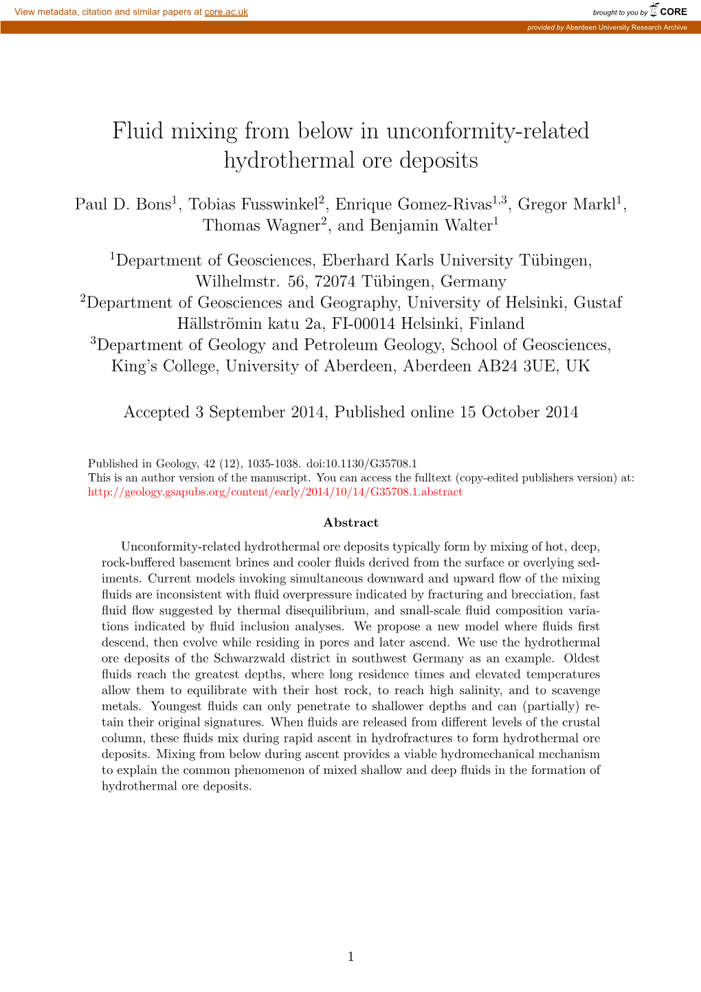 Fluid Mixing from Below in Unconformity-Related Hydrothermal Ore Deposits