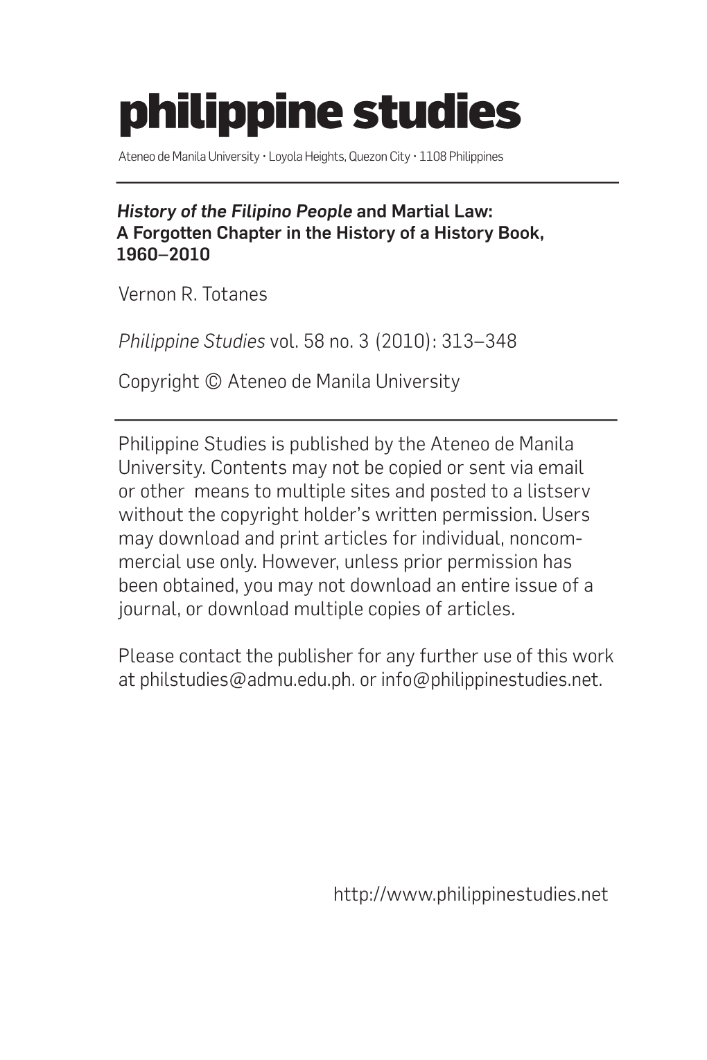 History of the Filipino People and Martial Law: a Forgotten Chapter in the History of a History Book, 1960–2010