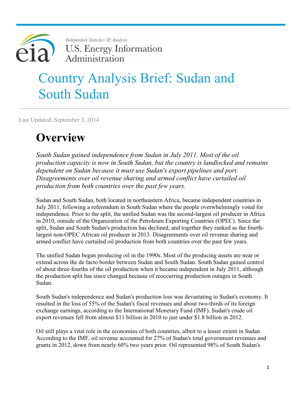 Country Analysis Brief: Sudan and South Sudan