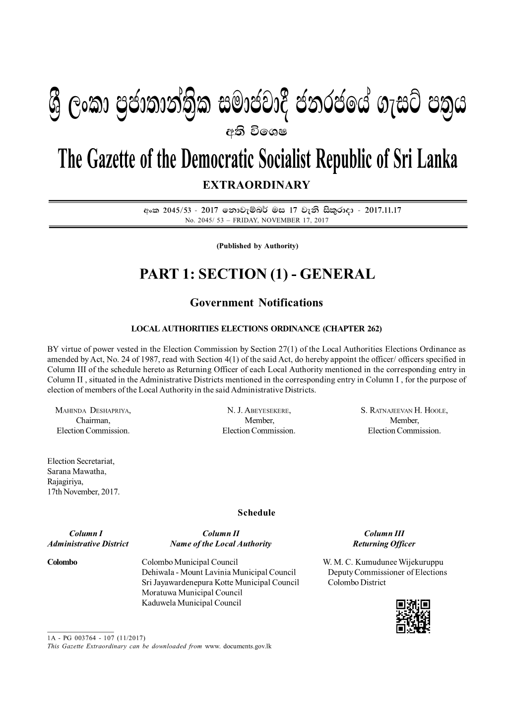 YS% ,Xld M%Cd;Dka;S%L Iudcjd§ Ckrcfha .Eiü M;%H W;S Úfyi the Gazette of the Democratic Socialist Republic of Sri Lanka EXTRAORDINARY