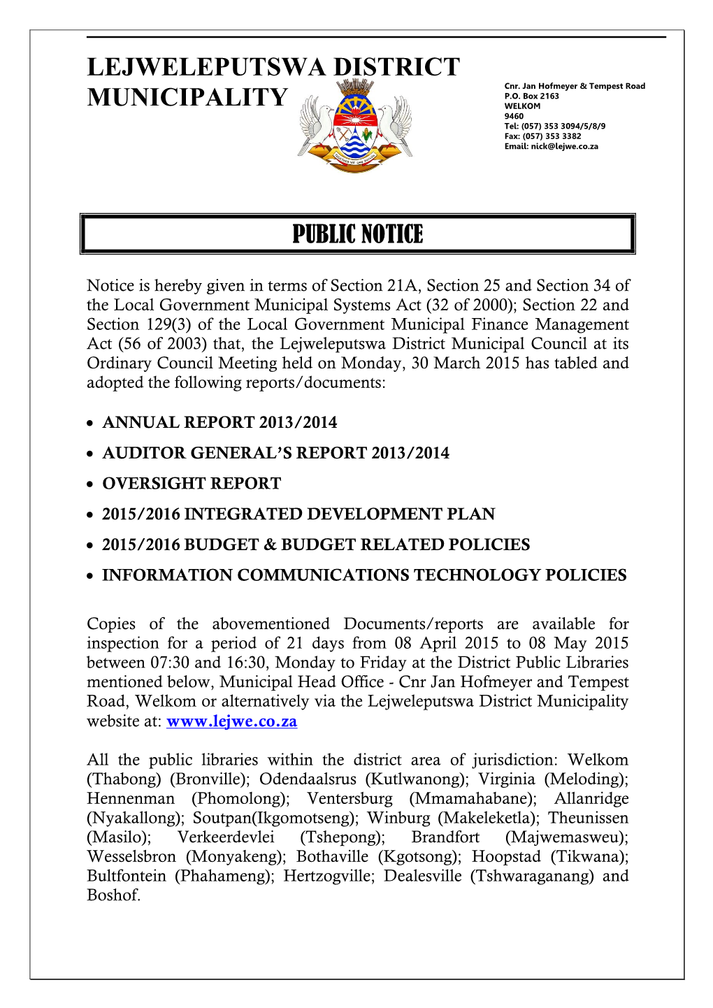 Public Notice 02 April 2015