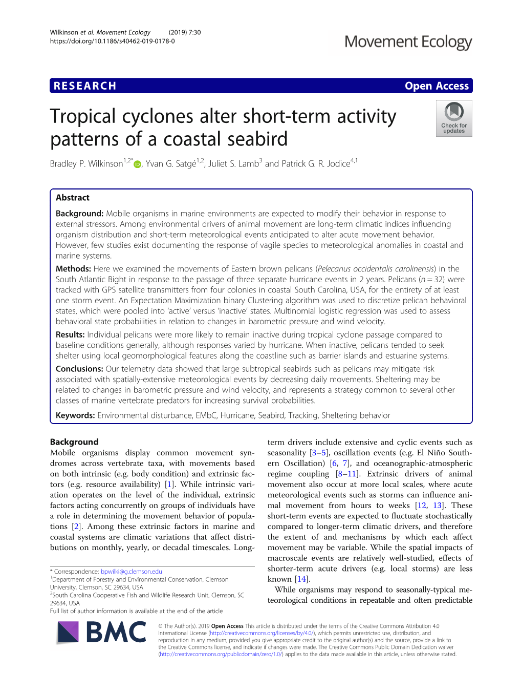 Tropical Cyclones Alter Short-Term Activity Patterns of a Coastal Seabird Bradley P