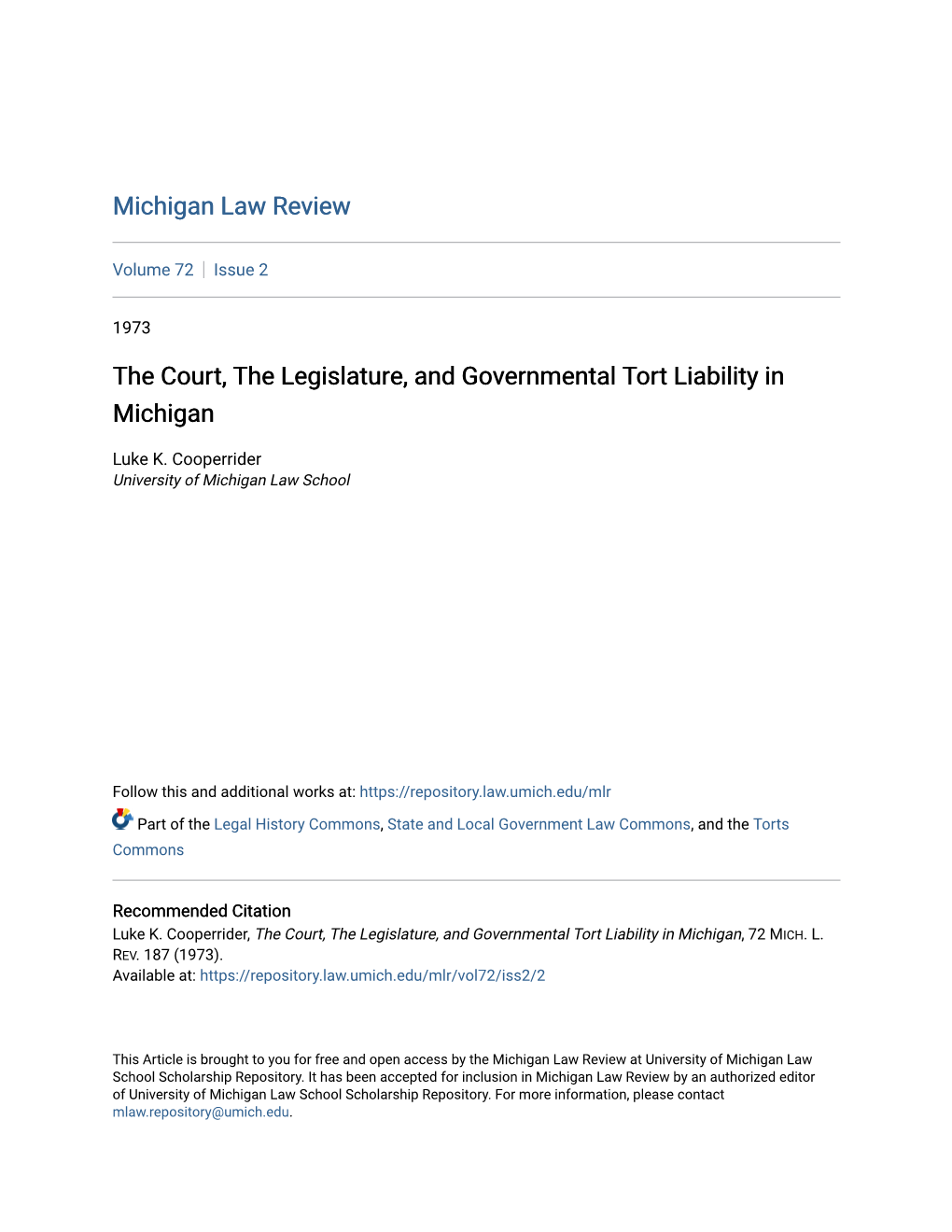 The Court, the Legislature, and Governmental Tort Liability in Michigan