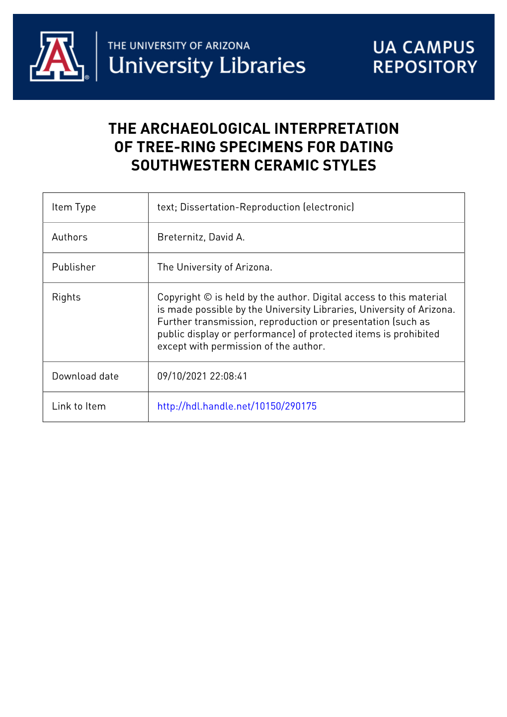 University Microfilms, Inc., Ann Arbor, Michigan the ARCHAEOLOGICAL INTERPRETATION of TREE-RING SPECIMENS for DATING SOUTHWESTERN CERAMIC STYUES