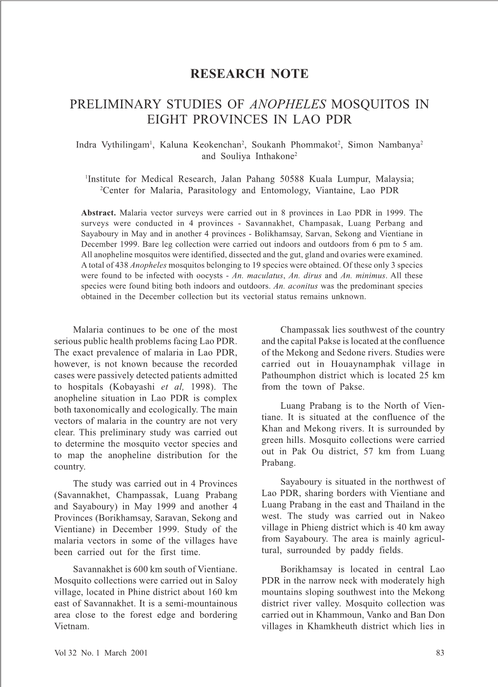 Research Note Preliminary Studies of Anopheles Mosquitos in Eight Provinces in Lao