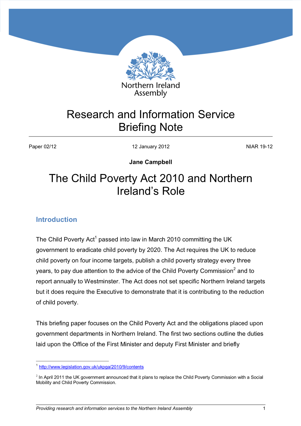 The Child Poverty Act 2010 and Northern Ireland's Role