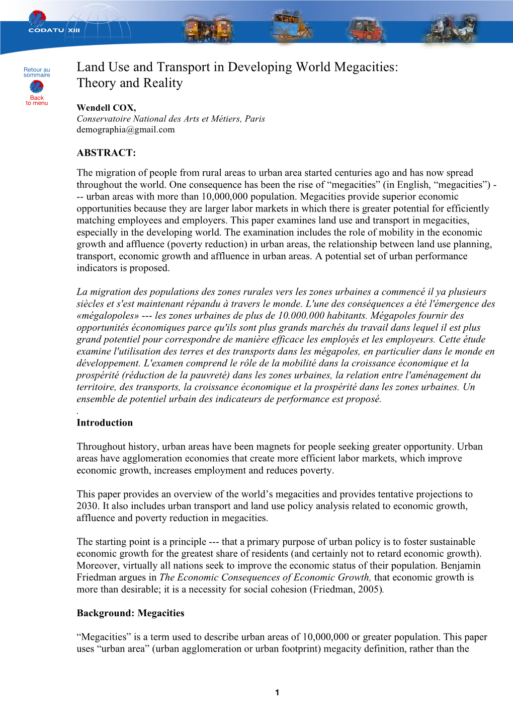 Land Use and Transport in Developing World Megacities – Wendell