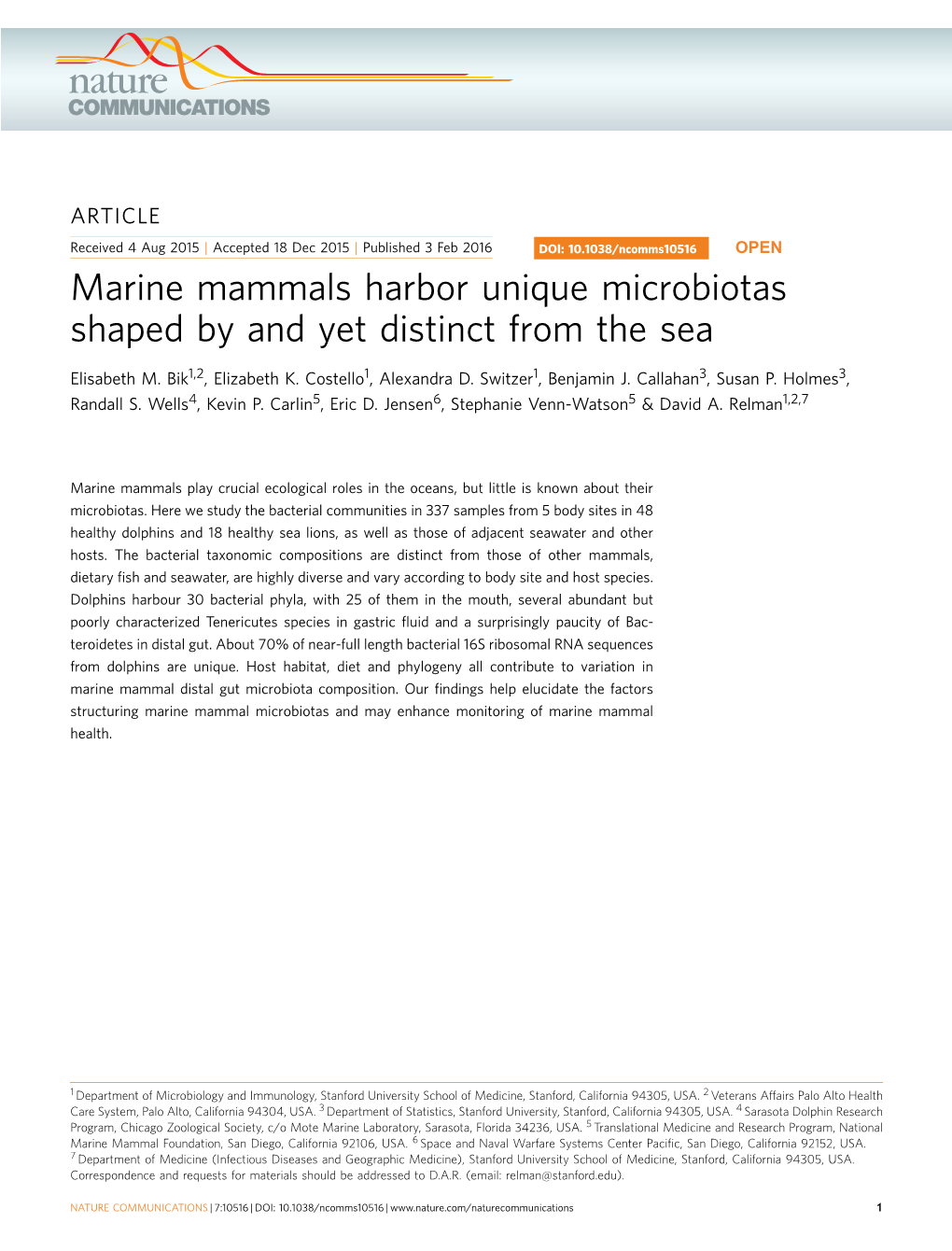 Marine Mammals Harbor Unique Microbiotas Shaped by and Yet Distinct from the Sea