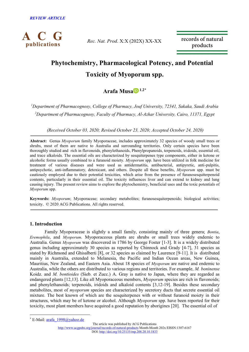 Phytochemistry, Pharmacological Potency, and Potential Toxicity of Myoporum Spp