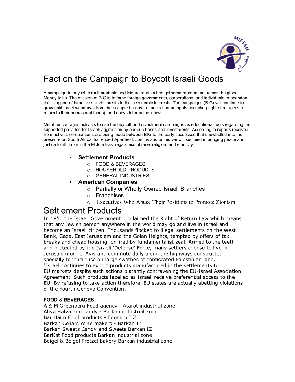 Fact on the Campaign to Boycott Israeli Goods Settlement Products