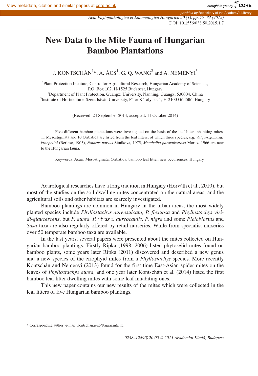 New Data to the Mite Fauna of Hungarian Bamboo Plantations