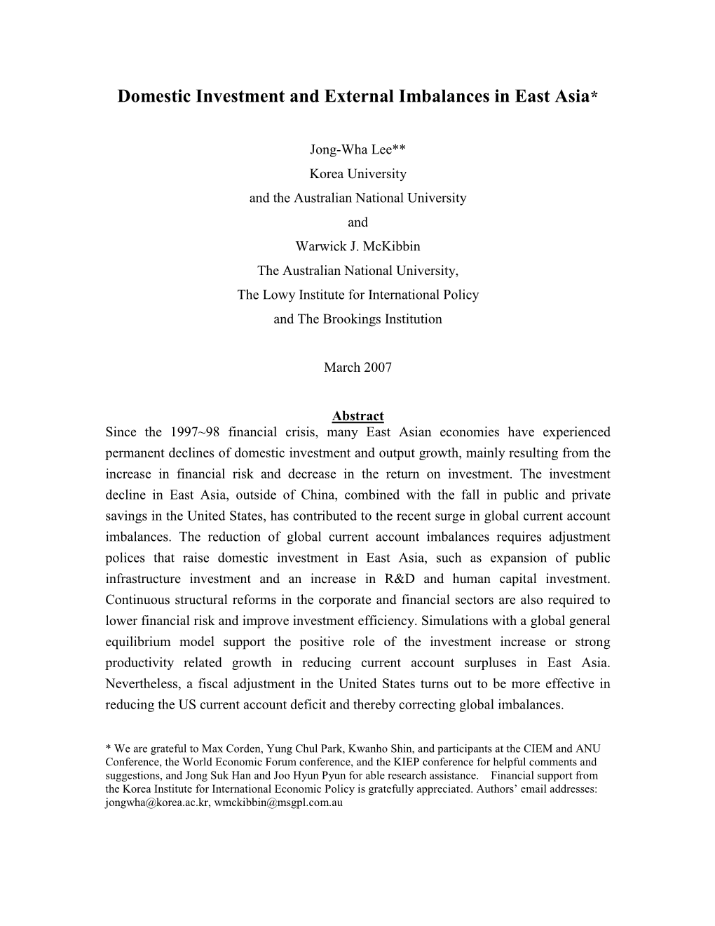 Domestic Investment and External Imbalances in East Asia*