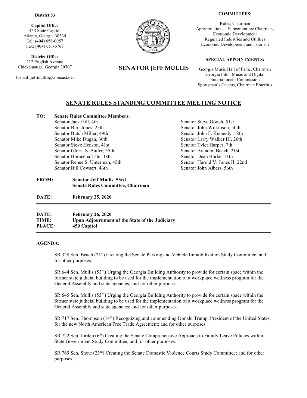 Senator Jeff Mullis Senate Rules Standing Committee Meeting Notice