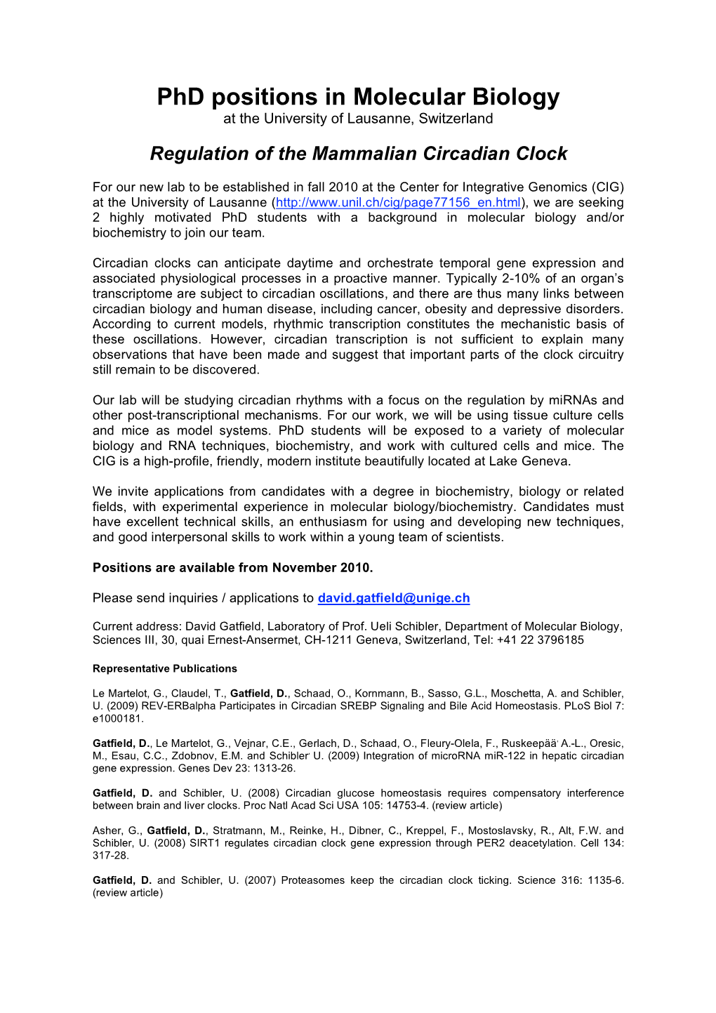 Phd Positions in Molecular Biology at the University of Lausanne, Switzerland