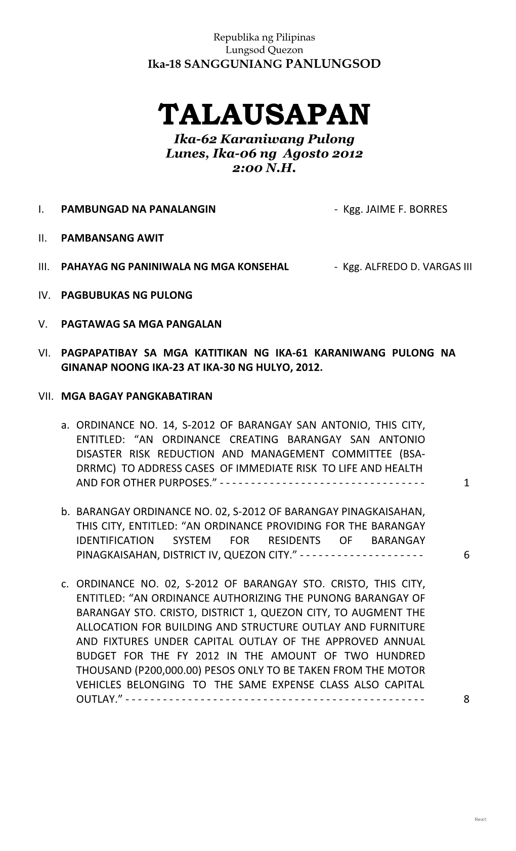 San Antonio, Quezon City Barangay Ordinances