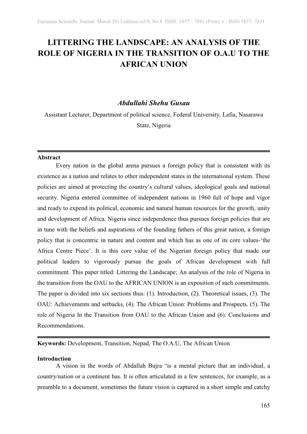 An Analysis of the Role of Nigeria in the Transition of Oau to the African Union