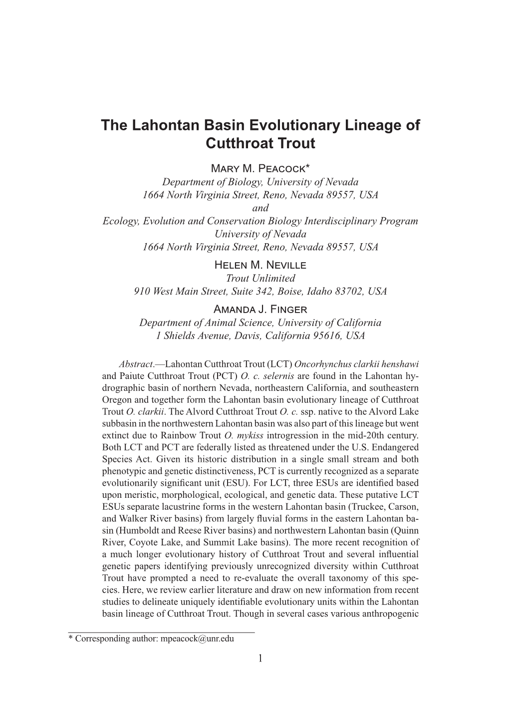 The Lahontan Basin Evolutionary Lineage of Cutthroat Trout Mary M