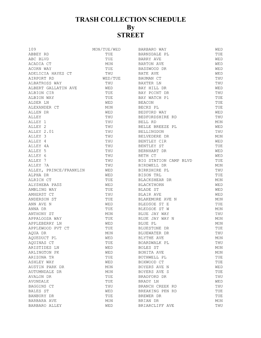 TRASH COLLECTION SCHEDULE by STREET