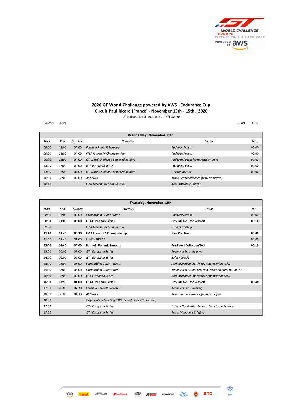 2020 GT World Challenge Powered by AWS - Endurance Cup Circuit Paul Ricard (France) - November 13Th - 15Th, 2020 Official Detailed Timetable -V1 - 13/11/2020