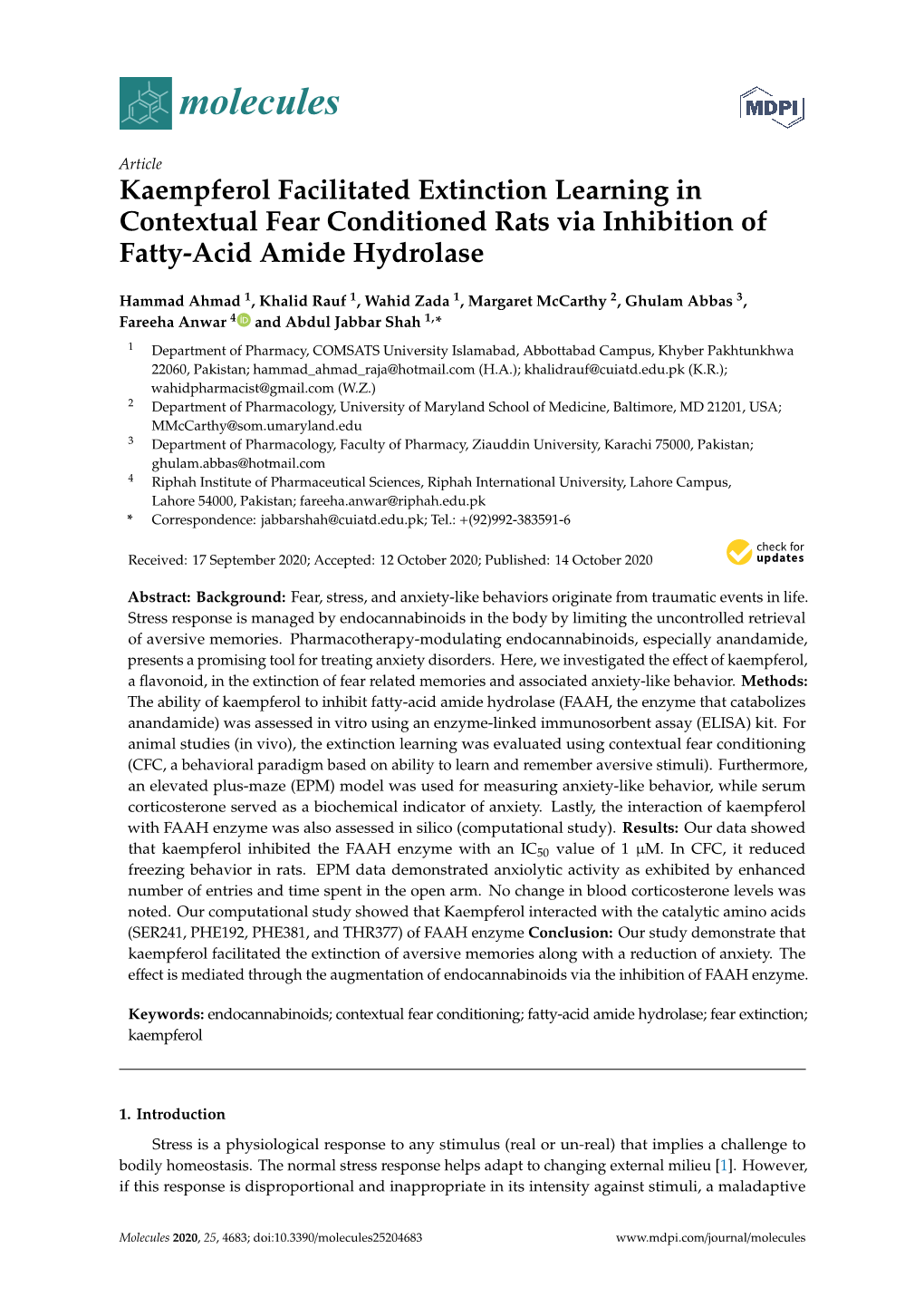 Kaempferol Facilitated Extinction Learning in Contextual Fear Conditioned Rats Via Inhibition of Fatty-Acid Amide Hydrolase