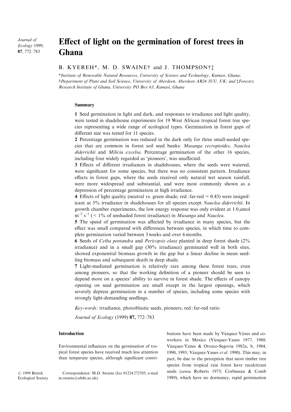 Effect of Light on the Germination of Forest Trees in Ghana