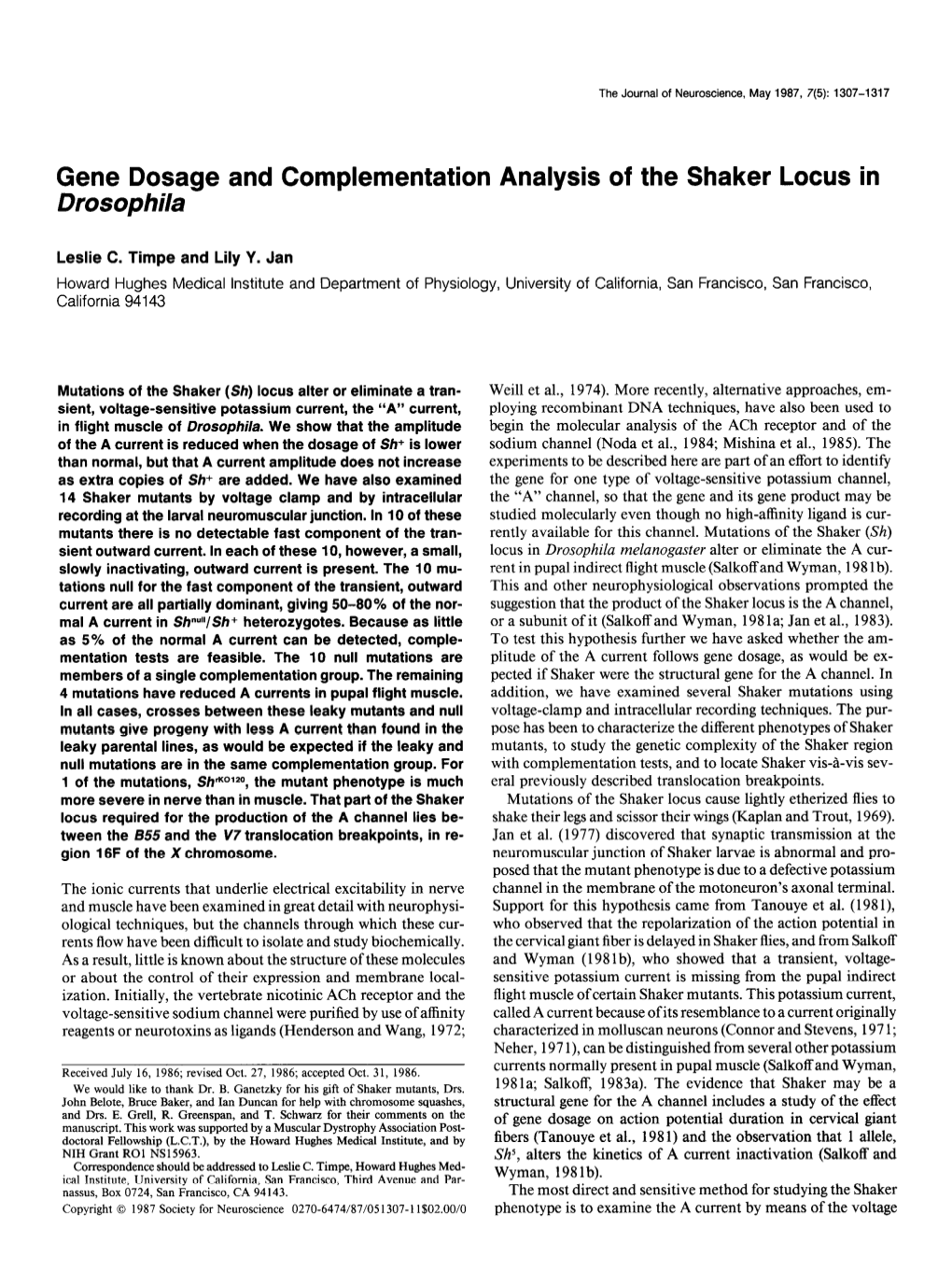Gene Dosage and Complementation Analysis of the Shaker Locus in Drosophila