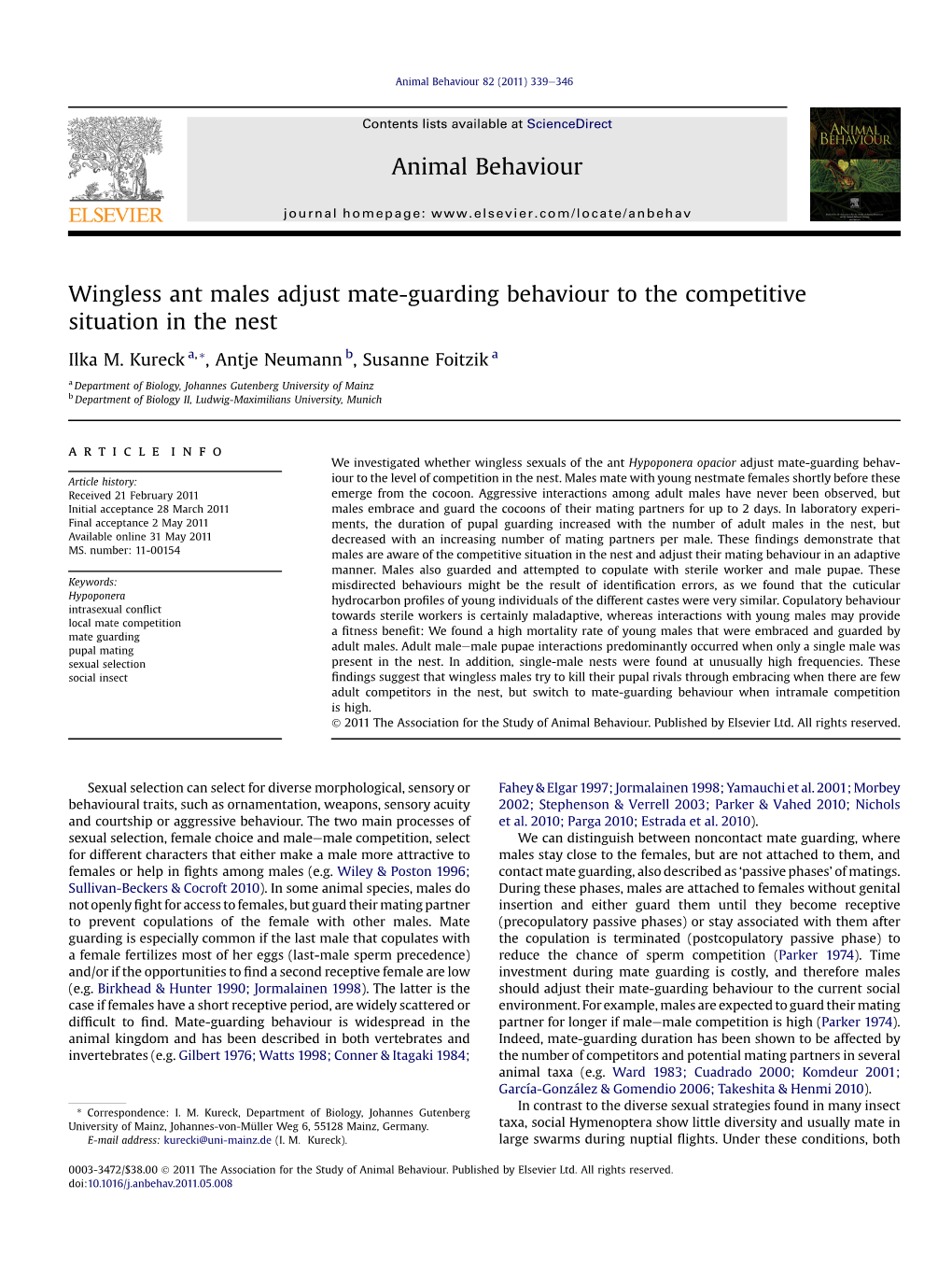 Wingless Ant Males Adjust Mate-Guarding Behaviour to the Competitive Situation in the Nest