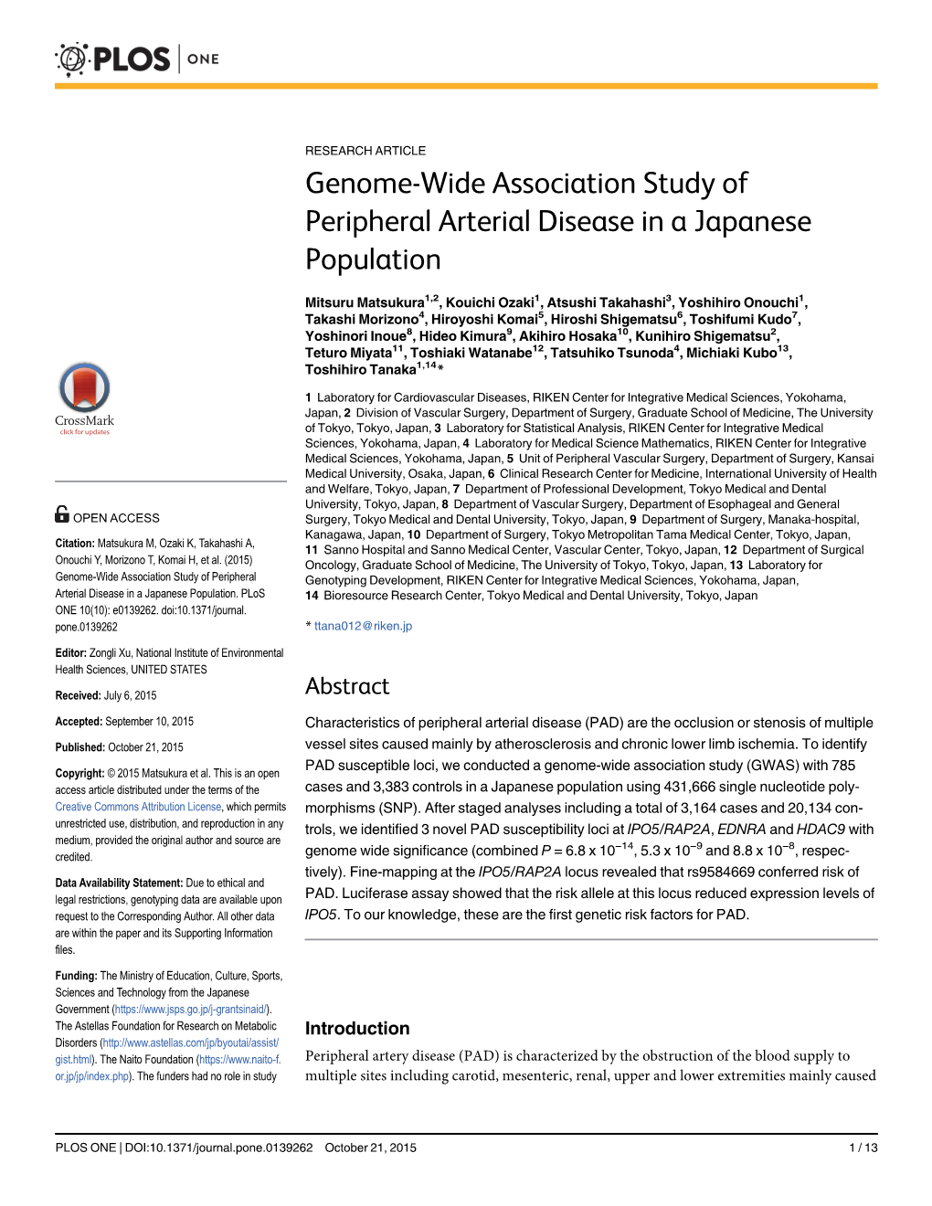 Genome-Wide Association Study of Peripheral Arterial Disease in a Japanese Population