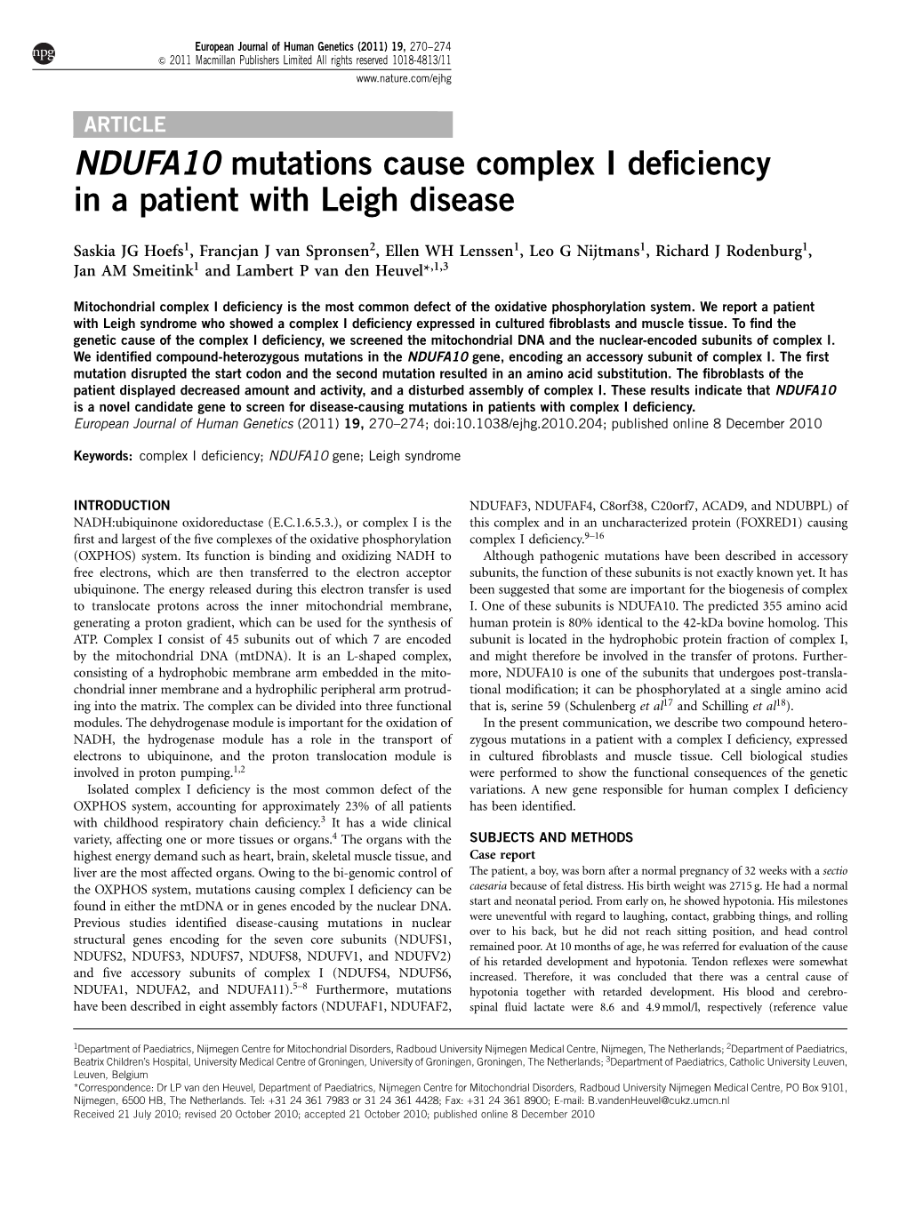 NDUFA10 Mutations Cause Complex I Deficiency in a Patient with Leigh Disease