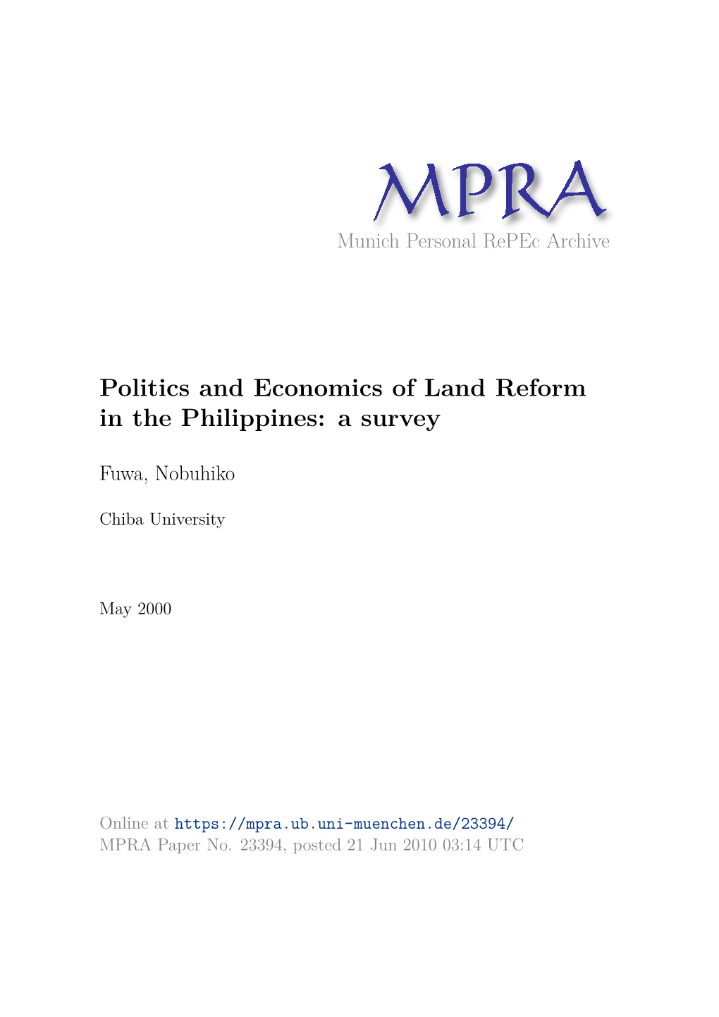 Politics and Economics of Land Reform in the Philippines: a Survey