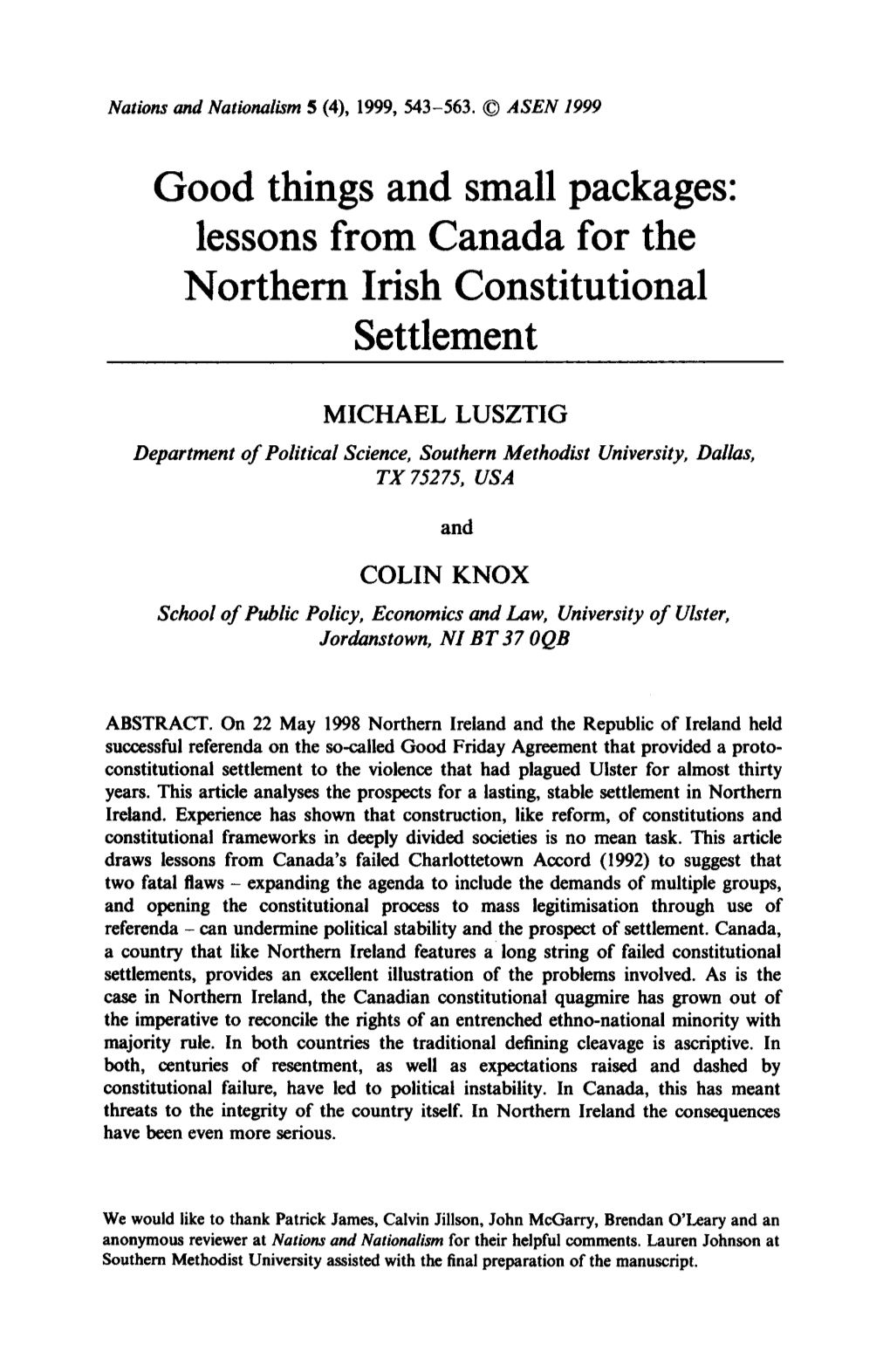 Lessons from Canada for the Northern Irish Constitutional Settlement