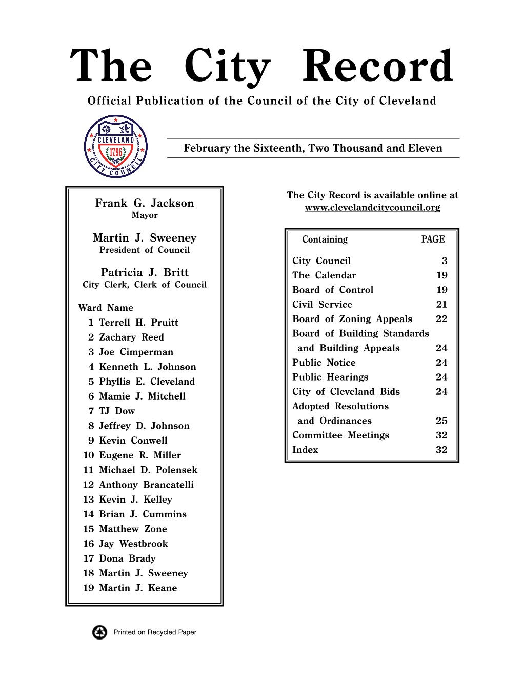 The City Record Official Publication of the Council of the City of Cleveland