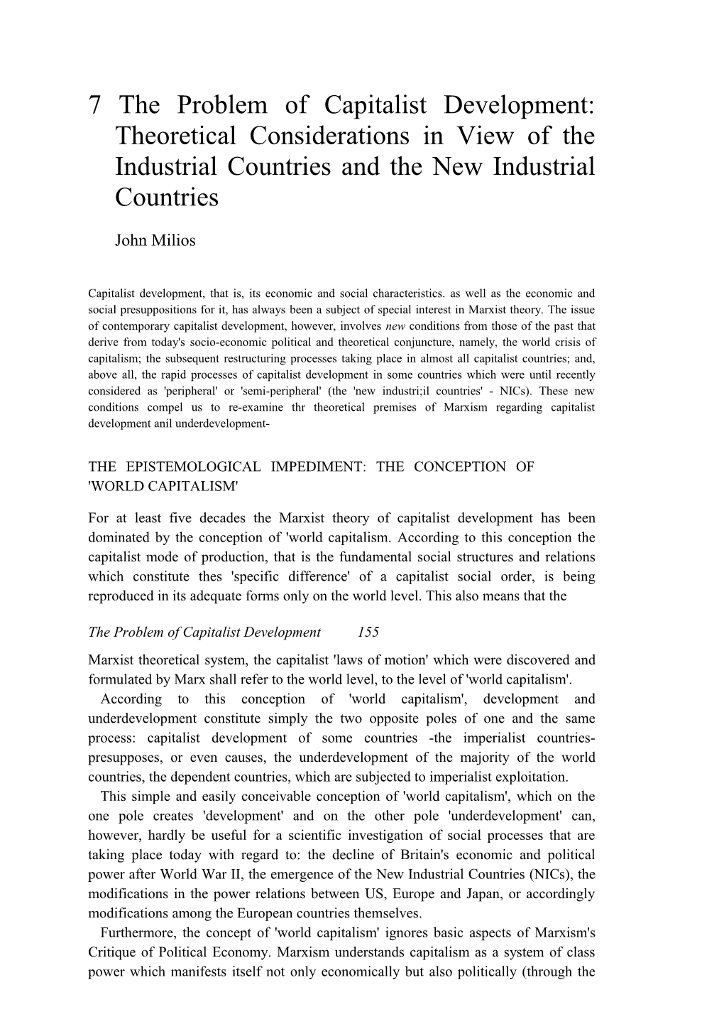 7 the Problem of Capitalist Development: Theoretical Considerations in View of the Industrial