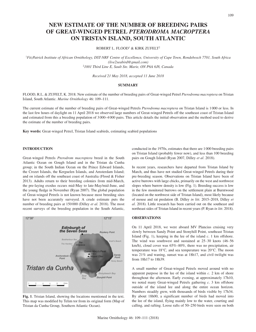 New Estimate of the Number of Breeding Pairs of Great-Winged Petrel Pterodroma Macroptera on Tristan Island, South Atlantic