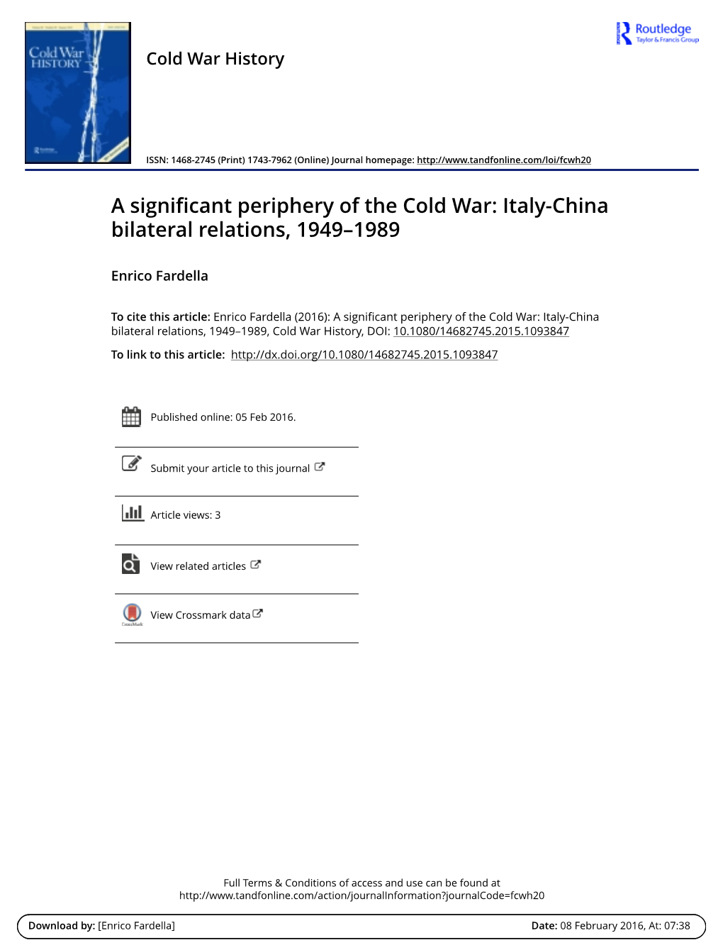 A Significant Periphery of the Cold War: Italy-China Bilateral Relations, 1949–1989