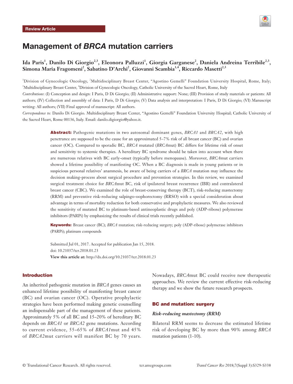 Management of BRCA Mutation Carriers