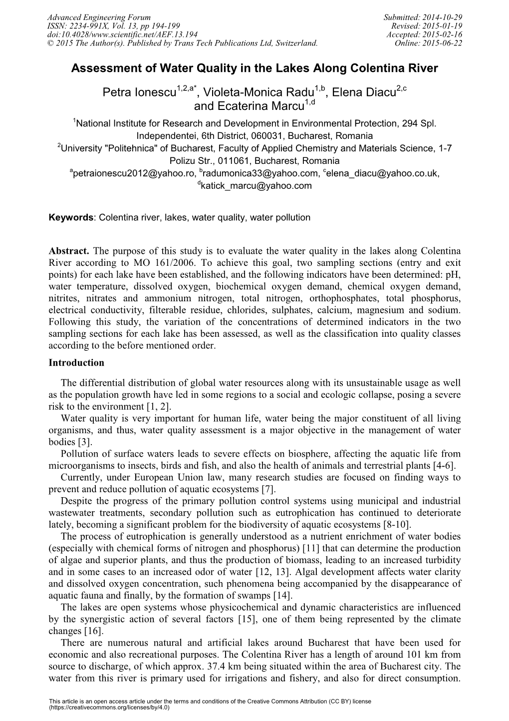 Assessment of Water Quality in the Lakes Along Colentina River