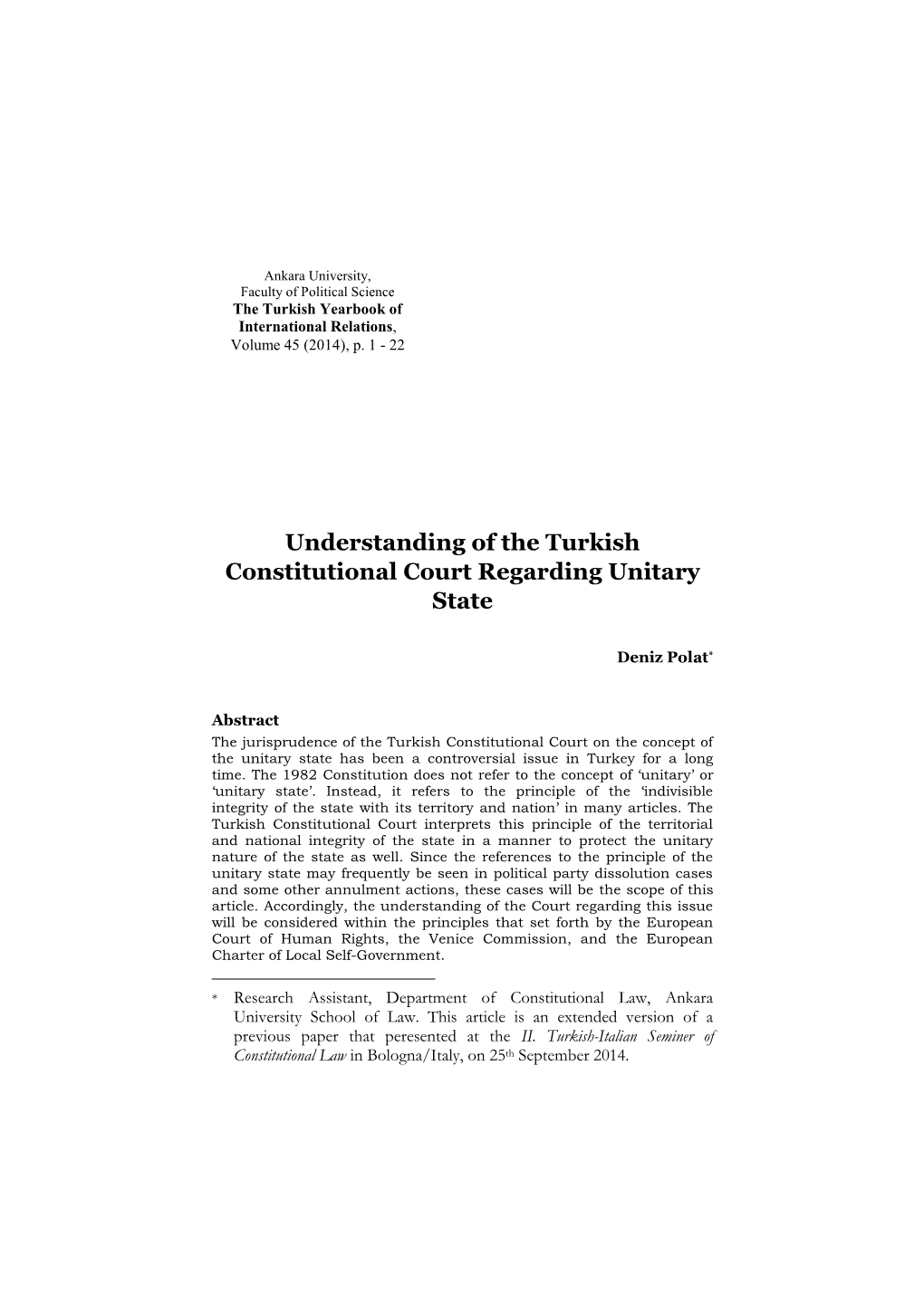 Understanding of the Turkish Constitutional Court Regarding Unitary State